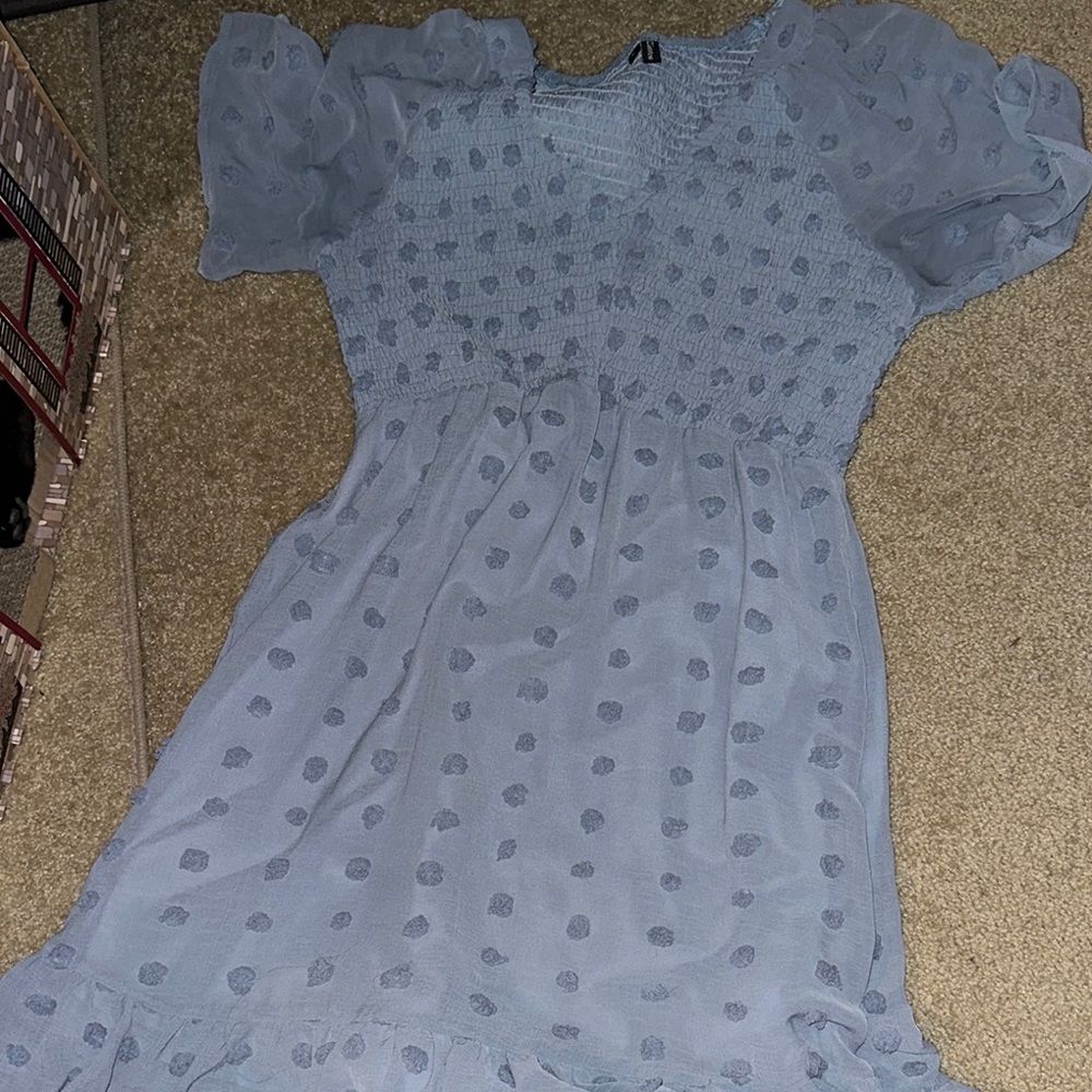 Forcast Blue Puff Sleeve Crew Neck Mini Dress
